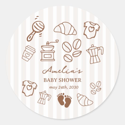 Simple Baby Is Brewing Doodle Coffee Baby Shower ラウンドシール (正面)