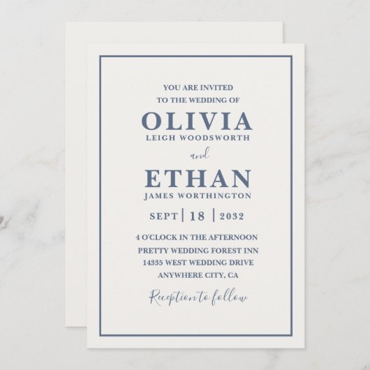 Simple Beige Dusty Blue Minimalist Border Wedding  招待状 (正面/裏面)