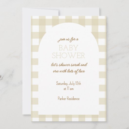 Simple Beige Gingham Baby Shower Invitation 招待状 (正面)