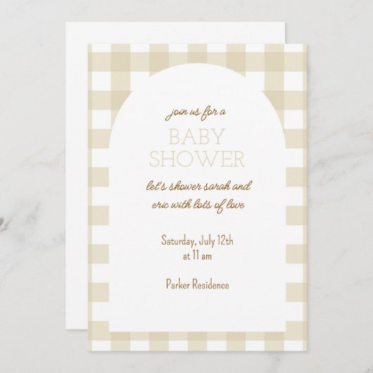 Simple Beige Gingham Baby Shower Invitation 招待状 (正面/裏面)