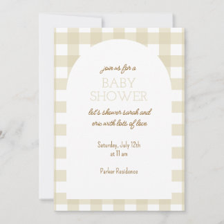 Simple Beige Gingham Baby Shower Invitation 招待状
