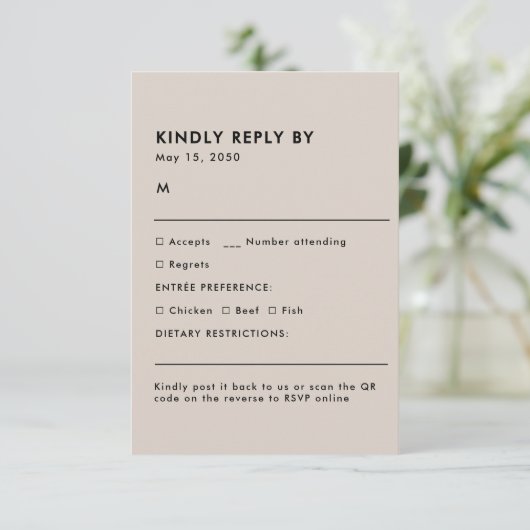 Simple Beige Meal Choice Wedding RSVP Card (スタンド正面)