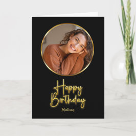 Simple Black and Gold Script Circle Photo Birthday カード
