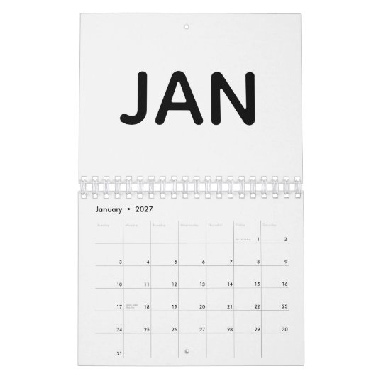 Simple Black and White 2026 カレンダー (1月 2027)