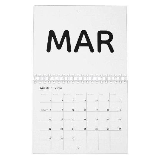 Simple Black and White 2026 カレンダー (3月 2026)