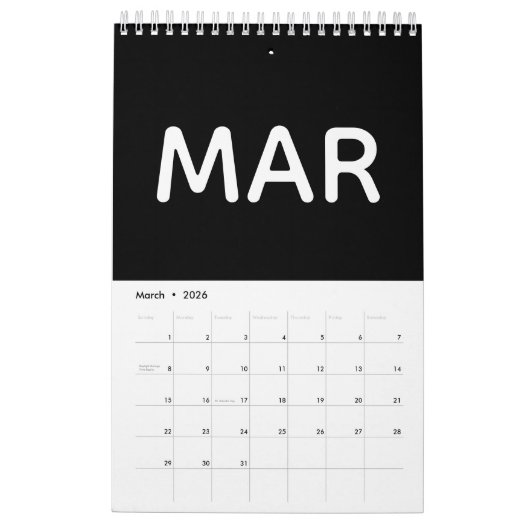 Simple Black and White Minimalist 2026 カレンダー (3月 2026)