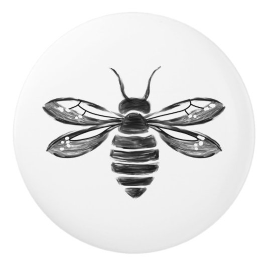 Simple Black and White Modern Hand-drawn Cute Bee セラミックノブ (正面)