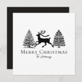 Simple Black and White Reindeer Evergreen Trees シーズンカード (正面/裏面)