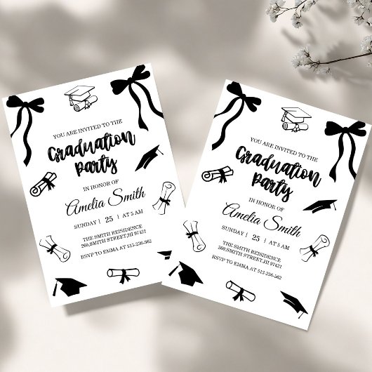 Simple  Black Bow graduation party invitation 招待状