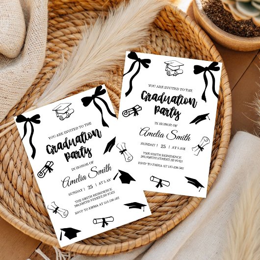 Simple  Black Bow graduation party invitation 招待状