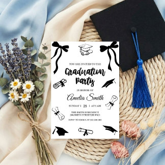 Simple  Black Bow graduation party invitation 招待状