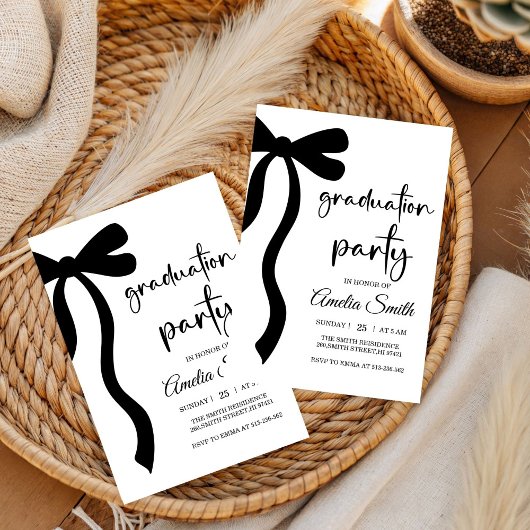 Simple  Black Bow graduation party invitation 招待状
