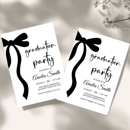 Simple  Black Bow graduation party invitation 招待状