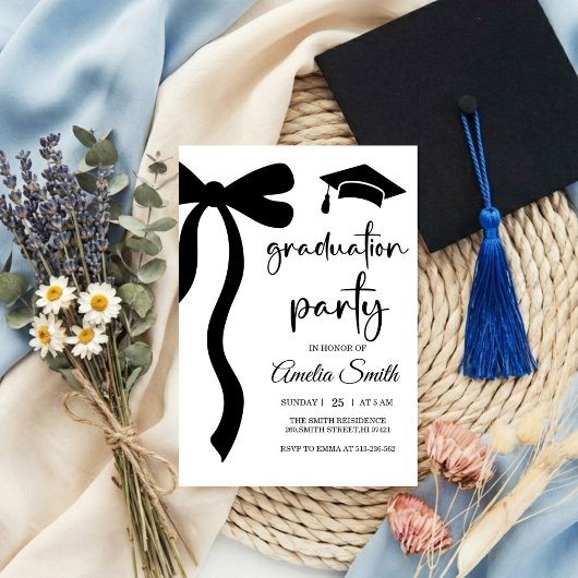 Simple Black Bow graduation party invitation 招待状