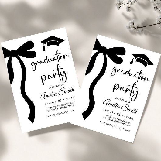 Simple  Black Bow graduation party invitation 招待状