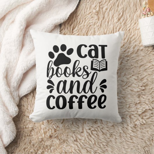 Simple Black "Cat Books and Coffee" Lover Gift クッション (ブランケット)