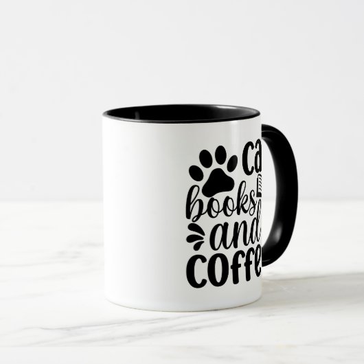 Simple Black "Cat Books and Coffee" Lover Gift マグカップ (正面右)