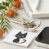 Simple Black Cat Illustration Cute Kawaii Cat キーホルダー (正面右)