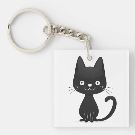 Simple Black Cat Illustration Cute Kawaii Cat キーホルダー (正面)