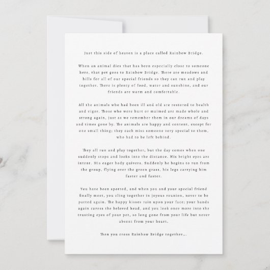 Simple Black Dog Rainbow Bridge Pet Sympathy Card 招待状 (裏面)