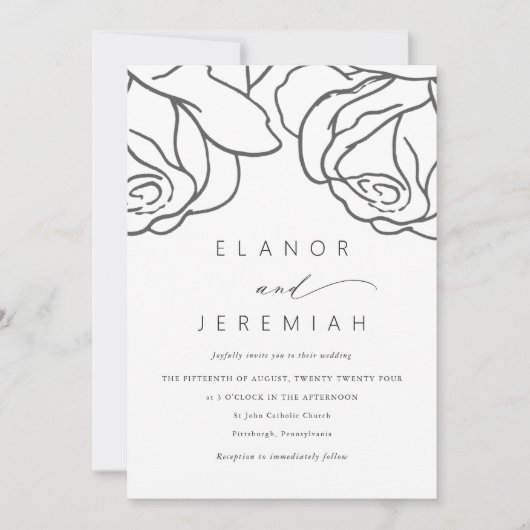 Simple Black Floral Calligraphy Wedding 招待状 (正面)