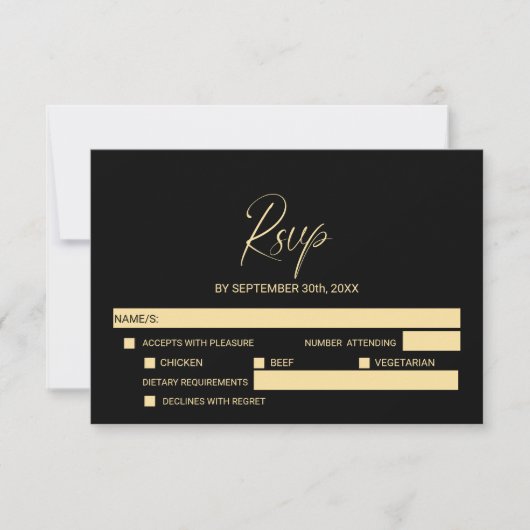 Simple Black Gold Wedding RSVP with Menu Options  (正面)
