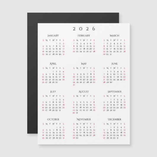 Simple Black White 2026 New Year Magnetic Calendar (正面/裏面)