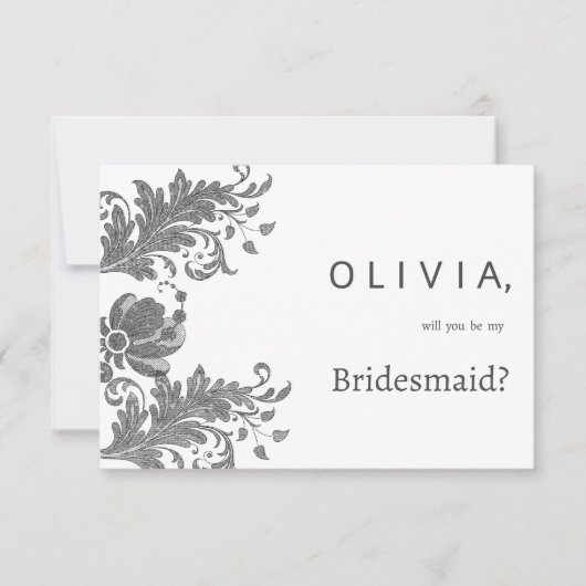 Simple black white glitter floral lace Bridesmaid 招待状 (正面)