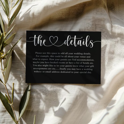Simple Black & White Heart Wedding Details エンクロージャーカード