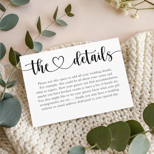 Simple Black & White Heart Wedding Details エンクロージャーカード