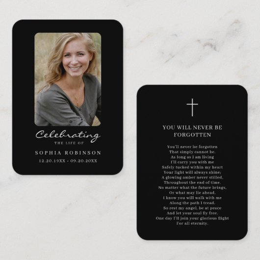Simple Black White Photo Memorial Prayer Card 名刺 (正面/裏面)
