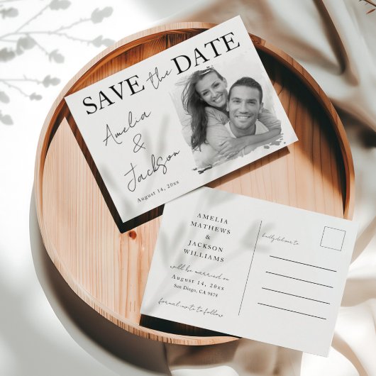 Simple Black & White Photo Save the Date 案内ポストカード
