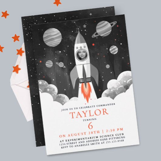 Simple Black White Rocket Ship Moon Galaxy Photo 招待状