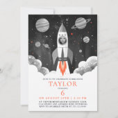 Simple Black White Rocket Ship Moon Galaxy Photo 招待状 (正面)