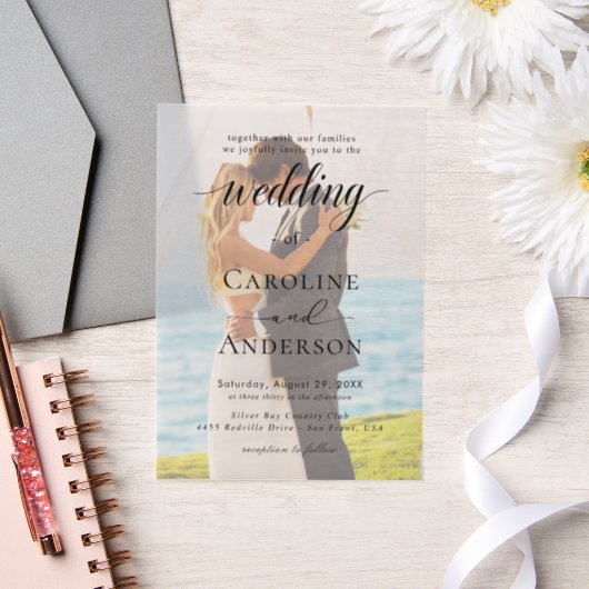 Simple Black & White wedding  Overlay ベラム紙招待状 (ウェディング)