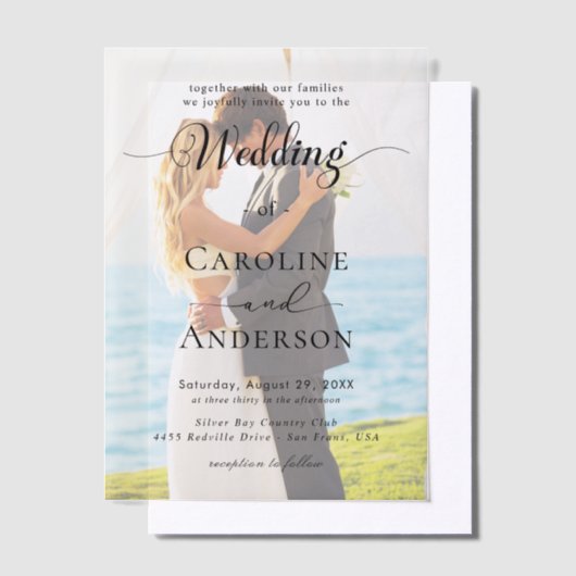 Simple Black & White wedding Overlay ベラム紙招待状 (オフセット)