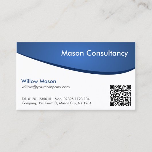 Simple Blue and White Curved QR Code Business Card 名刺 (正面)