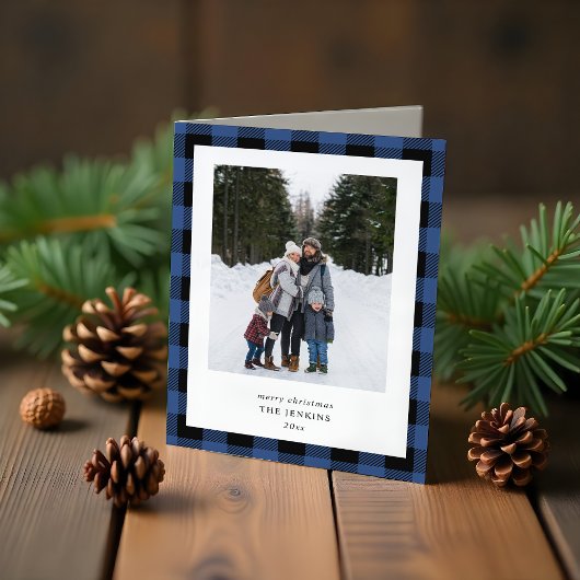 Simple Blue Black Plaid Border 3 Photo Christmas シーズンカード
