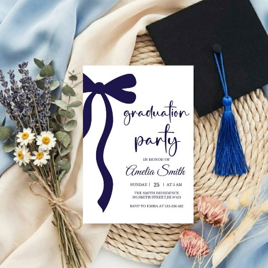 Simple Blue Bow graduation party invitation 招待状