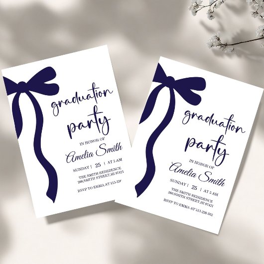 Simple  Blue Bow graduation party invitation 招待状