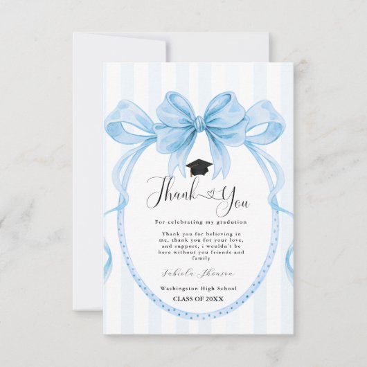 Simple Blue bow  graduation thank you message サンキューカード (正面)
