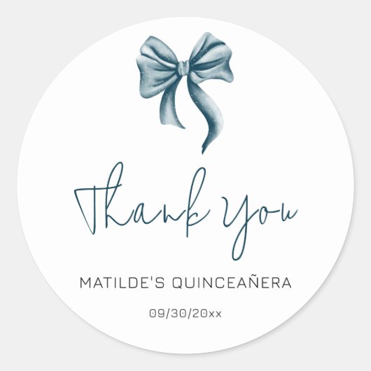 Simple Blue Bow Script Quinceanera Thank You ラウンドシール (正面)