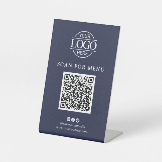 Simple Blue Business Logo Contactles QR Code Menu 台座サイン (正面)