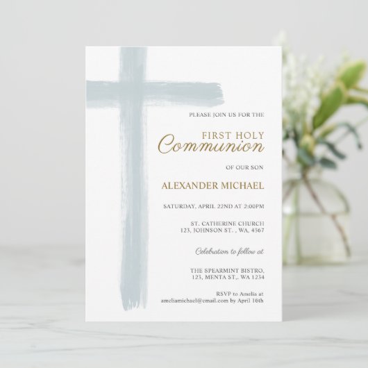 Simple Blue Cross Boy First Holy Communion 招待状 (スタンド正面)