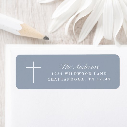 Simple Blue Cross Script Baptism Return Address ラベル (インサイチュ)