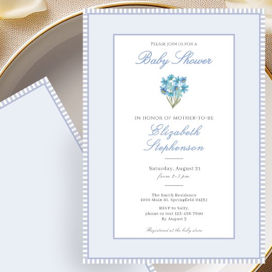 Simple Blue Floral Baby Shower Invitation 招待状