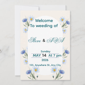 Simple Blue Floral Wedding Invitation 招待状