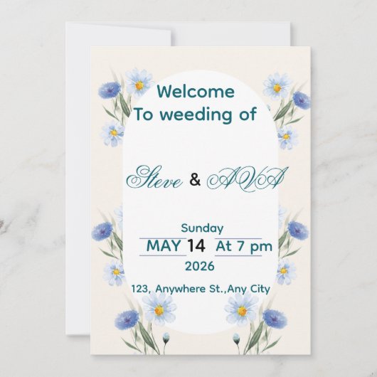 Simple Blue Floral Wedding Invitation 招待状 (正面)