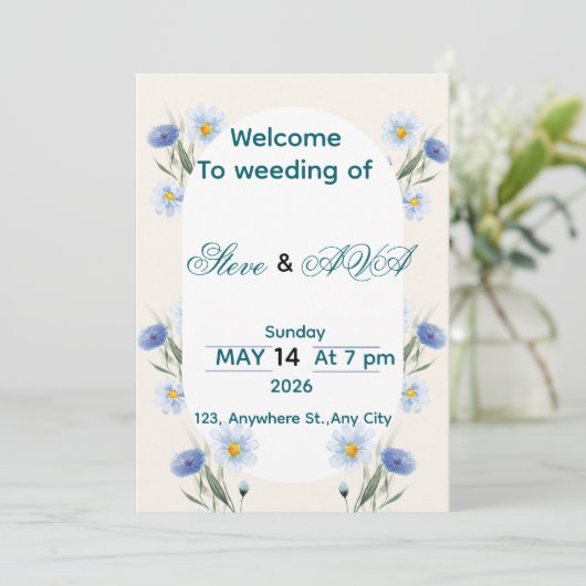 Simple Blue Floral Wedding Invitation 招待状 (スタンド正面)