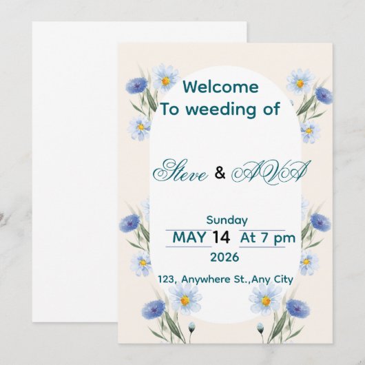 Simple Blue Floral Wedding Invitation 招待状 (正面/裏面)